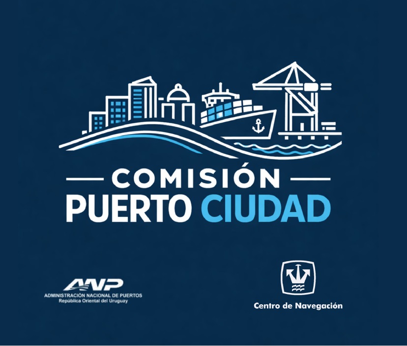 Logo de la Comisión Puerto Ciudad, en fonfo azul con dibujos de puertos en líneas blancas y textos
