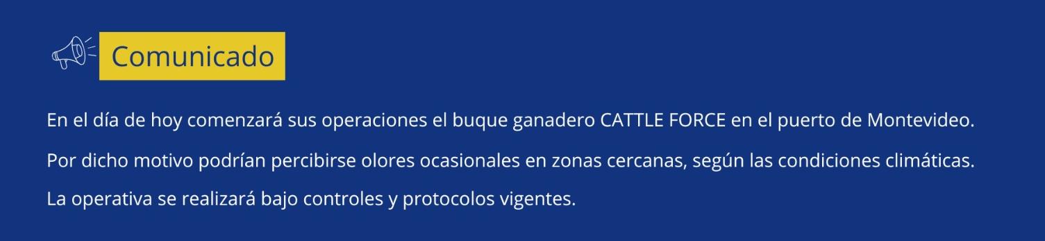 Aviso de la operativa de un buque ganadero el Cattle Force
